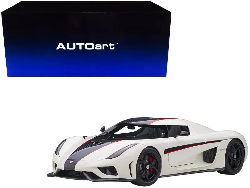 Koenigsegg Regera 1/18 Model Car – White with Black Carbon & Red Stripes by Autoart
