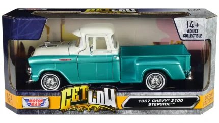 1957 Chevrolet 3100 Stepside Lowrider Diecast Model - Turquoise Metallic & White, 1/24 by Motormax