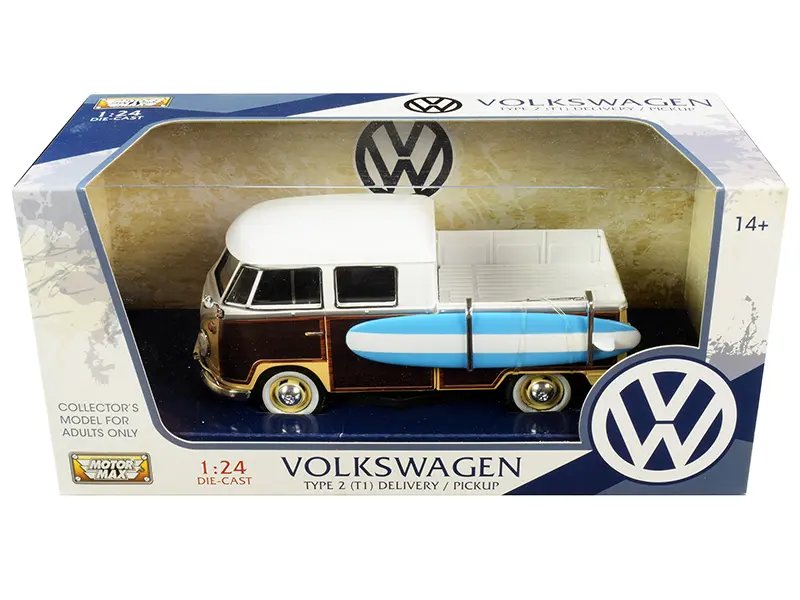 Diecast Model Cars wholesale toys dropshipper drop shipping Volkswagen Type 2 T1 Pickup White Yellow Wood Paneling Surfboard 1/24 Motormax 79560 drop shipping wholesale drop ship drop shipper dropship dropshipping toys dropshipper diecast drop shippe Vintage Volkswagen Type 2 (T1) Pickup Diecast Model with Surfboard - 1/24 Scale by Motormax