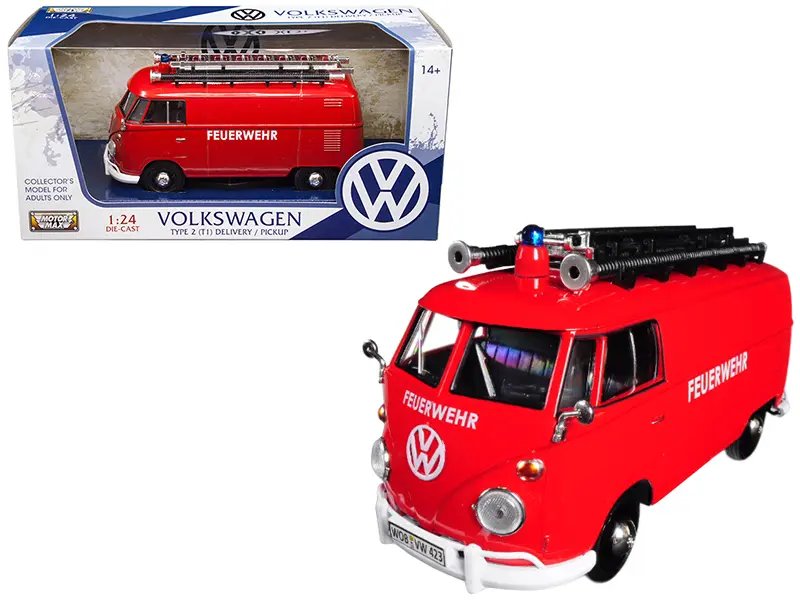 Vintage Volkswagen Type 2 (T1) Feuerwehr Fire Van 1/24 Diecast Model by Motormax