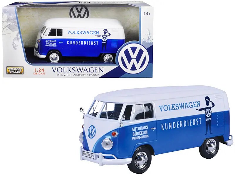 Diecast Model Cars wholesale toys dropshipper drop shipping Volkswagen Type 2 T1 Delivery Van Autohaus Sudekum Kundendienst Candy Blue White 1/24 Motormax 79573 drop shipping wholesale drop ship drop shipper dropship dropshipping toys dropshipper die Vintage Volkswagen Type 2 (T1) Diecast Model - Candy Blue & White 1/24 by Motormax