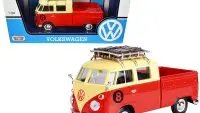 Vintage Volkswagen Type 2 (T1) #8 Pickup Truck Diecast Model 1/24 by Motormax - Red & Yellow with Roof Rack