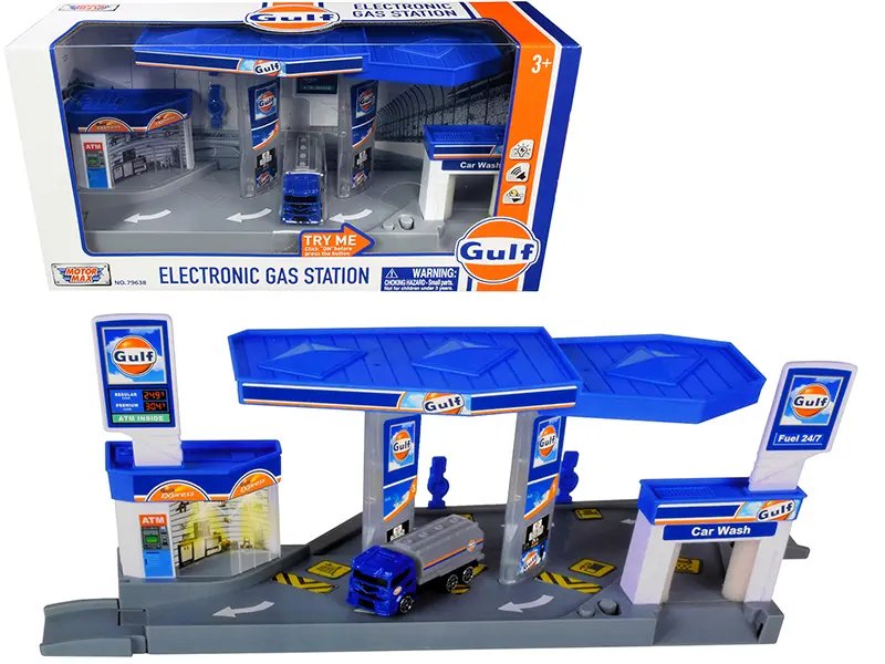 “Gulf” Electronic Gas Station Diorama with Light and Sound and Tanker Truck 1/64 Model by Motormax