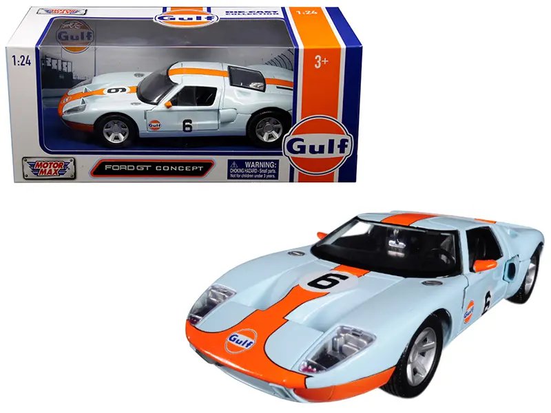 Diecast Model Cars wholesale toys dropshipper drop shipping Ford GT Concept #6 Gulf Light Blue Orange Stripe 1/24 Motormax 79641 drop shipping wholesale drop ship drop shipper dropship dropshipping toys dropshipper diecast drop shipper dropshippers. Ford GT Concept #6 Gulf Livery 1/24 Diecast Model Car by Motormax - Light Blue & Orange