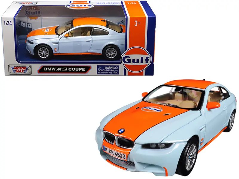 BMW M3 Coupe Gulf Oil Livery 1/24 Diecast Model Car by Motormax – Light Blue & Orange