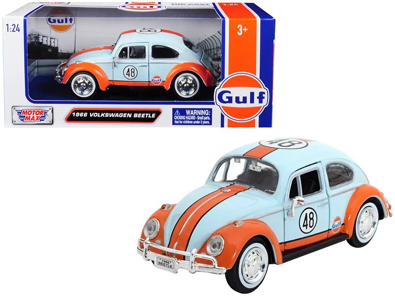 1966 Volkswagen Beetle #48 Gulf Livery 1/24 Diecast Model by Motormax – Light Blue & Orange