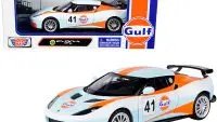 Lotus Evora GT4 #41 Gulf Oil Diecast Model 1/24 by Motormax - Light Blue with White & Orange Stripes
