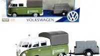 Volkswagen T1 Pickup with Canopy & Trailer 1/24 Diecast Model by Motormax - Green & White Road Service