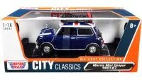 1961-1967 Morris Mini Cooper RHD (Right Hand Drive) Dark Blue with British Flag on the Top and Roof Rack "City Classics" Series 1/18 Diecast Model Car by Motormax