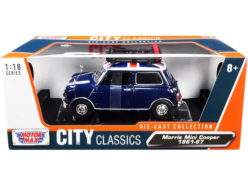 1961-1967 Morris Mini Cooper RHD (Right Hand Drive) Dark Blue with British Flag on the Top and Roof Rack “City Classics” Series 1/18 Diecast Model Car by Motormax