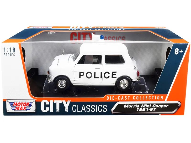 1961-1967 Morris Mini Cooper RHD (Right Hand Drive) “Police” White “City Classics” Series 1/18 Diecast Model Car by Motormax
