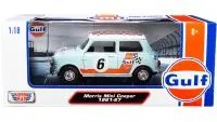 1961-1967 Morris Mini Cooper RHD (Right Hand Drive) #6 "Gulf Oil" Light Blue with Orange Stripes and Checkered Top "City Classics" Series 1/18 Diecast Model Car by Motormax