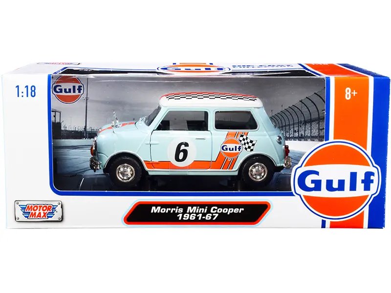1961-1967 Morris Mini Cooper RHD (Right Hand Drive) #6 “Gulf Oil” Light Blue with Orange Stripes and Checkered Top “City Classics” Series 1/18 Diecast Model Car by Motormax