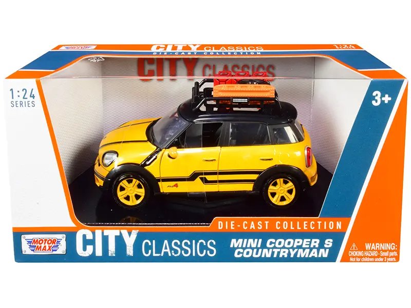 Mini Cooper S Countryman Diecast Model 1/24 – Yellow Metallic & Black with Roof Rack by Motormax