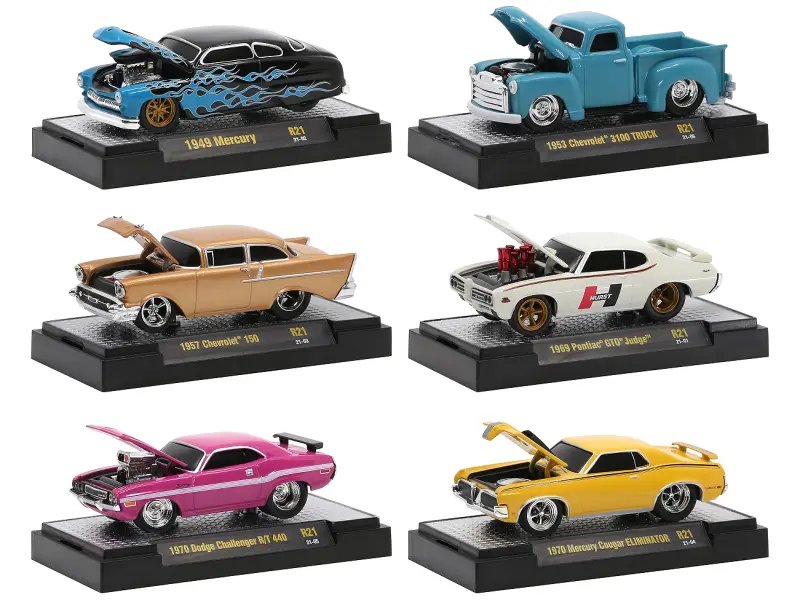 Ground Pounders 6-Car Set Release 21: 1/64 Diecast Model Cars by M2 Machines in Display Cases