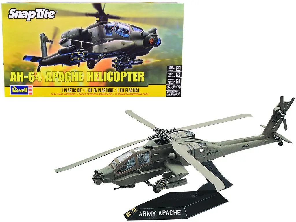 Revell AH-64 Apache Helicopter 1/72 Scale Model Kit – Level 2 Snap Tite Build