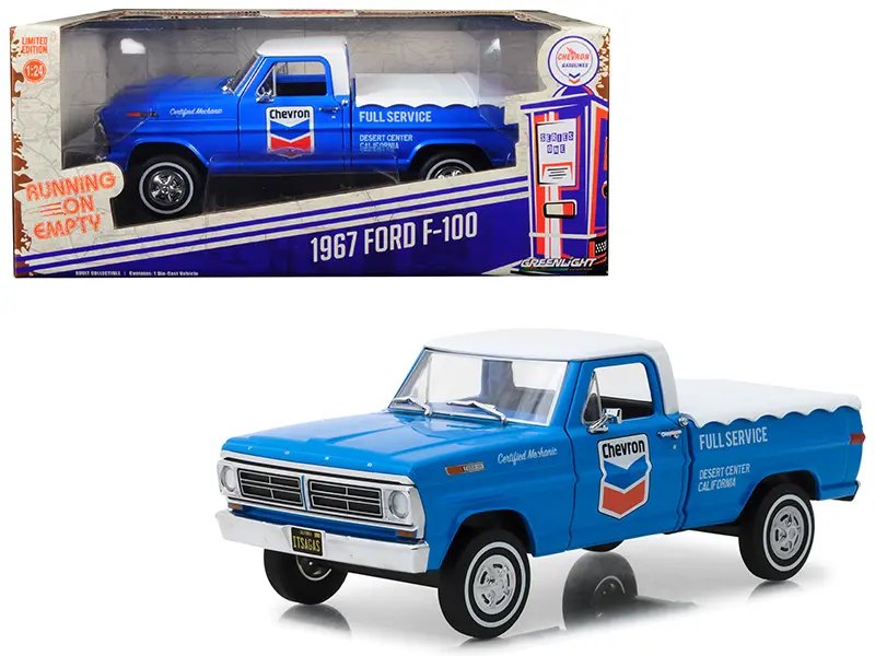 1967 Ford F-100 Diecast Model with Bed Cover – Chevron Full Service Blue & White by Greenlight 1/24