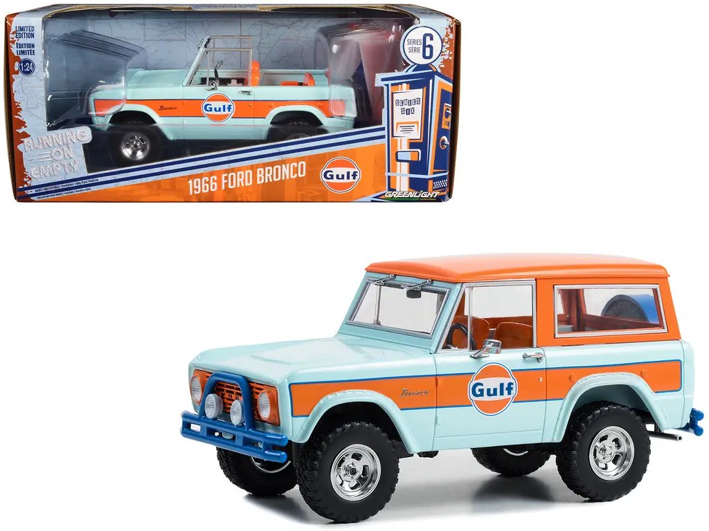 1966 Ford Bronco Gulf Oil Diecast Model Car 1/24 by Greenlight – Light Blue with Orange Stripes
