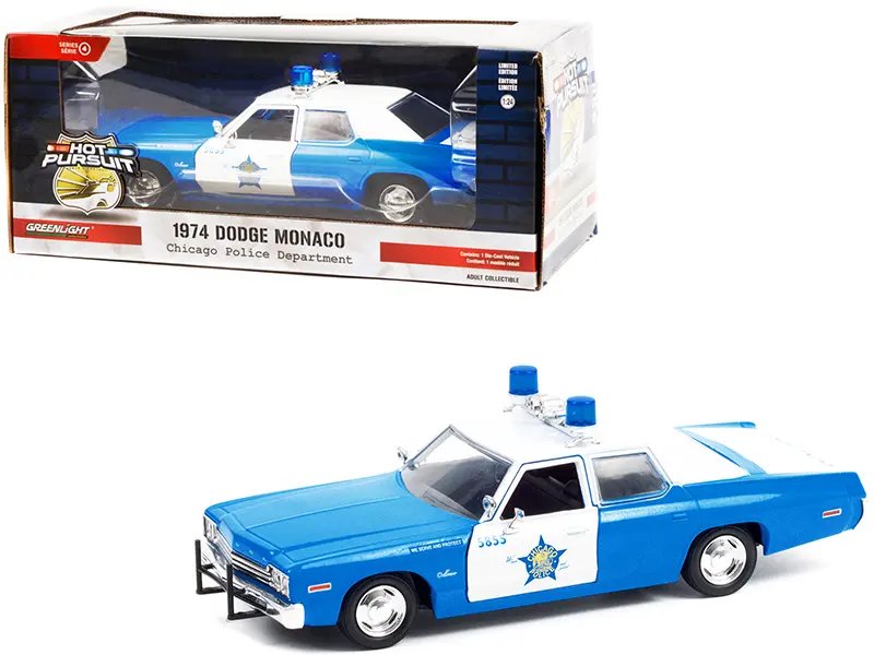 1974 Dodge Monaco Blue and White CPD “Chicago Police Department” (Illinois) “Hot Pursuit” Series 1/24 Diecast Model Car by Greenlight