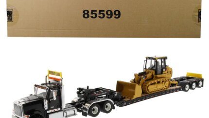 International HX520 Tandem Tractor Black with XL 120 Lowboy Trailer and CAT Caterpillar 963K Track Loader Set of 2 pieces 1/50 Diecast Models by Diecast Masters