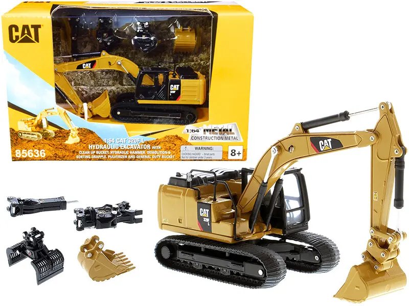 CAT Caterpillar 320F L Hydraulic Excavator with 5 Work Tools – Ultimate Construction Play Set