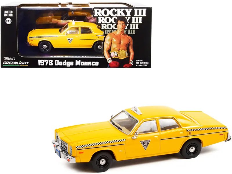 1978 Dodge Monaco Taxi “City Cab Co.” Yellow “Rocky III” (1982) Movie 1/43 Diecast Model Car by Greenlight