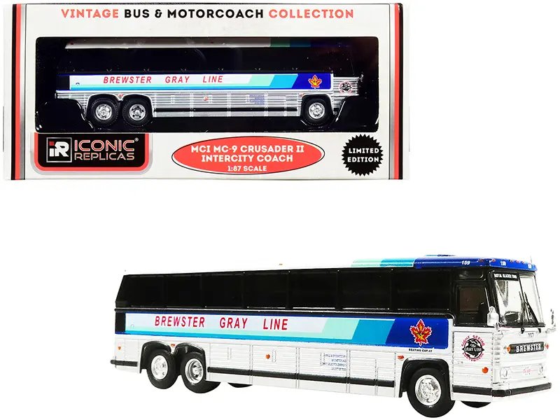 Diecast Model Cars wholesale toys dropshipper drop shipping 1980 MCI MC-9 Crusader II Intercity Coach Bus Brewster Gray Line Canada White Silver Stripes Vintage Bus & Motorcoach Collection 1/87 HO Iconic Replicas 87-0234 drop shipping wholesale drop Vintage 1980 MCI MC-9 Crusader II Brewster Gray Line Coach Bus - White & Silver Classic