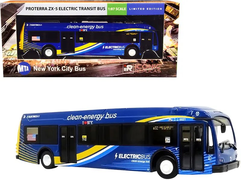 Proterra ZX5 Electric Transit Bus 1/87 Diecast Model – MTA NYC Dark Blue Stripes by Iconic Replicas