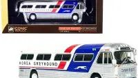 Vintage 1959 GM PD4104 Motorcoach Bus - Korea Greyhound Silver & White with Red/Blue Stripes