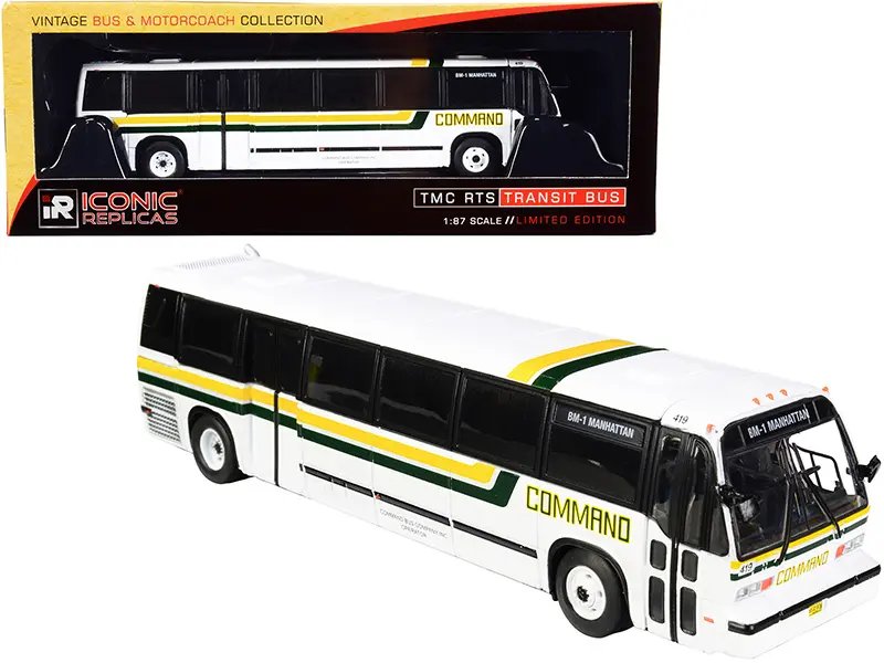 1999 TMC RTS Transit Bus #BM1 Manhattan (New York) “Command Bus Company” White with Yellow and Green Stripes “The Vintage Bus & Motorcoach Collection” 1/87 (HO) Diecast Model by Iconic Replicas