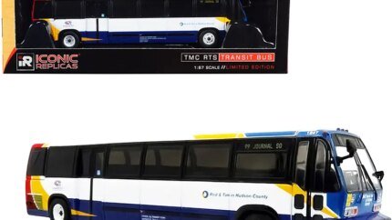 1999 TMC RTS Transit Bus #99 Journal Square Coach USA "Red & Tan in Hudson County" (New Jersey) White and Blue with Red and Yellow Stripes "The Vintage Bus & Motorcoach Collection" 1/87 (HO) Diecast Model by Iconic Replicas