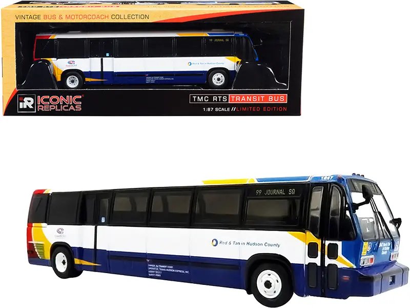1999 TMC RTS Transit Bus #99 Journal Square Coach USA “Red & Tan in Hudson County” (New Jersey) White and Blue with Red and Yellow Stripes “The Vintage Bus & Motorcoach Collection” 1/87 (HO) Diecast Model by Iconic Replicas
