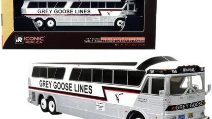 Vintage MCI MC-7 Challenger Grey Goose Lines Bus - White & Silver Intercity Coach