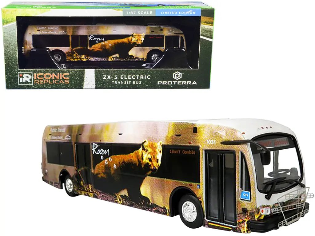 Iconic Replicas Proterra ZX5 Electric Bus 1/87 Diecast Model – Roam Transit Banff Gondola