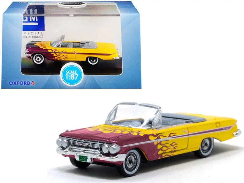 1961 Chevrolet Impala Convertible Hot Rod 1/87 Scale Diecast Model – Yellow with Purple Flames by Oxford Diecast