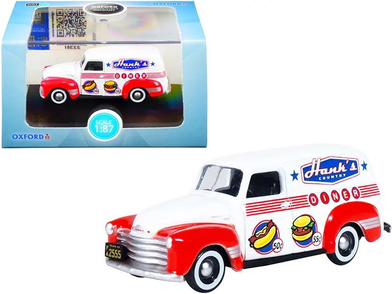 Chevrolet Panel Truck “Hanks Country Diner” White and Red 1/87 (HO) Scale Diecast Model Car by Oxford Diecast