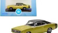 1968 Dodge Charger Gold Diecast Model 1/87 Scale by Oxford Diecast - Black Top & Stripes