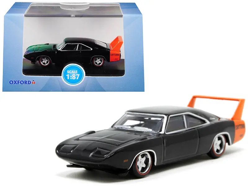 1969 Dodge Charger Daytona Black with Orange Stripe 1/87 Scale Diecast Model by Oxford Diecast