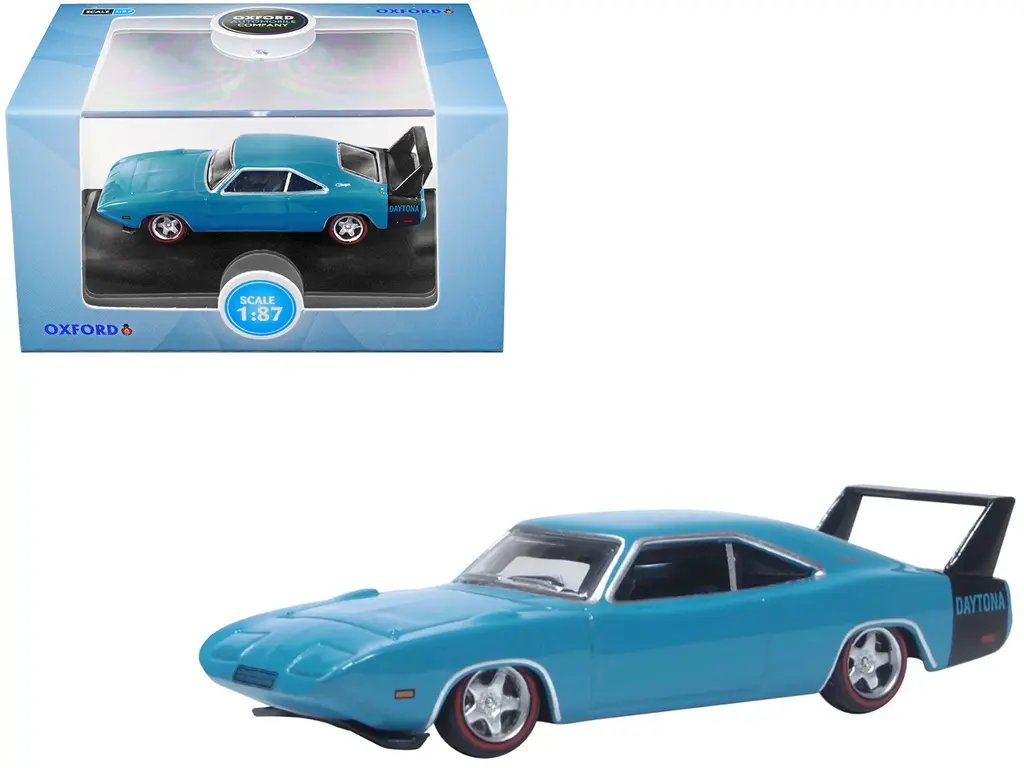 1969 Dodge Charger Daytona Diecast Model 1/87 Scale – Bright Blue with Black Tail Stripe by Oxford