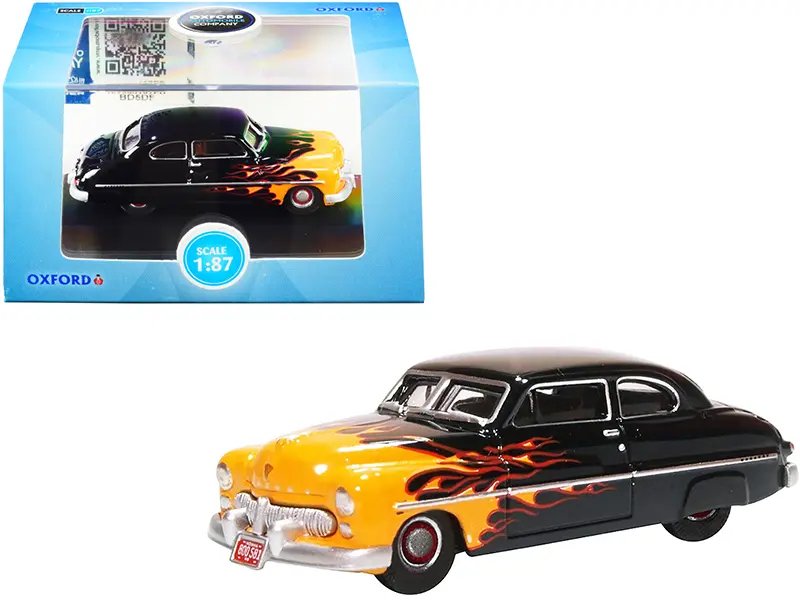1949 Mercury Coupe “Hot Rod” Black and Yellow with Flames 1/87 (HO) Scale Diecast Model Car by Oxford Diecast