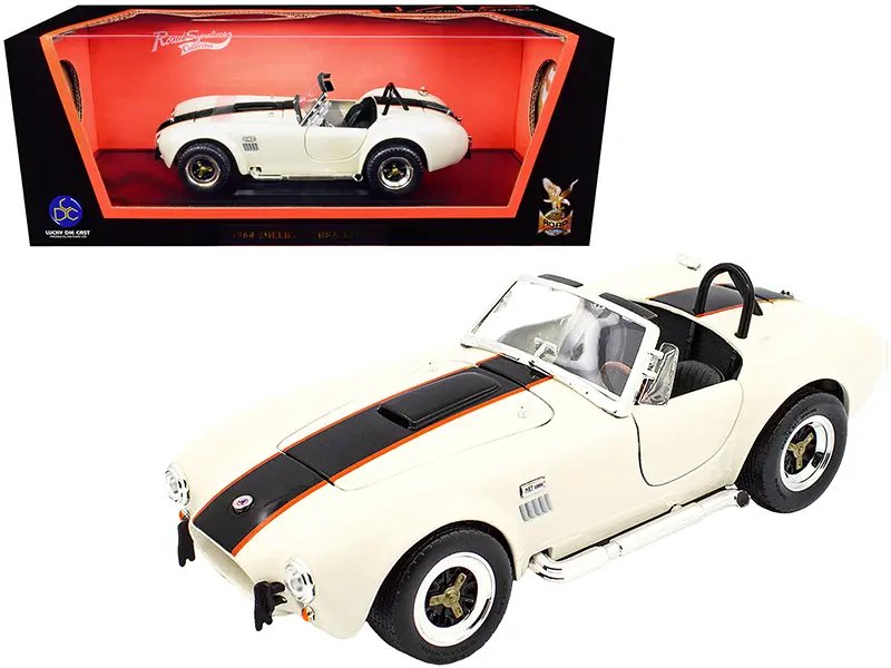 Diecast Model Cars wholesale toys dropshipper drop shipping 1964 Shelby Cobra 427 S/C Roadster Cream Black Orange Stripes 1/18 Road Signature 92058 drop shipping wholesale drop ship drop shipper dropship dropshipping toys dropshipper diecast drop shi 1964 Shelby Cobra 427 S/C Roadster 1/18 Diecast Model Car - Cream with Black & Orange Stripes by Road Signature