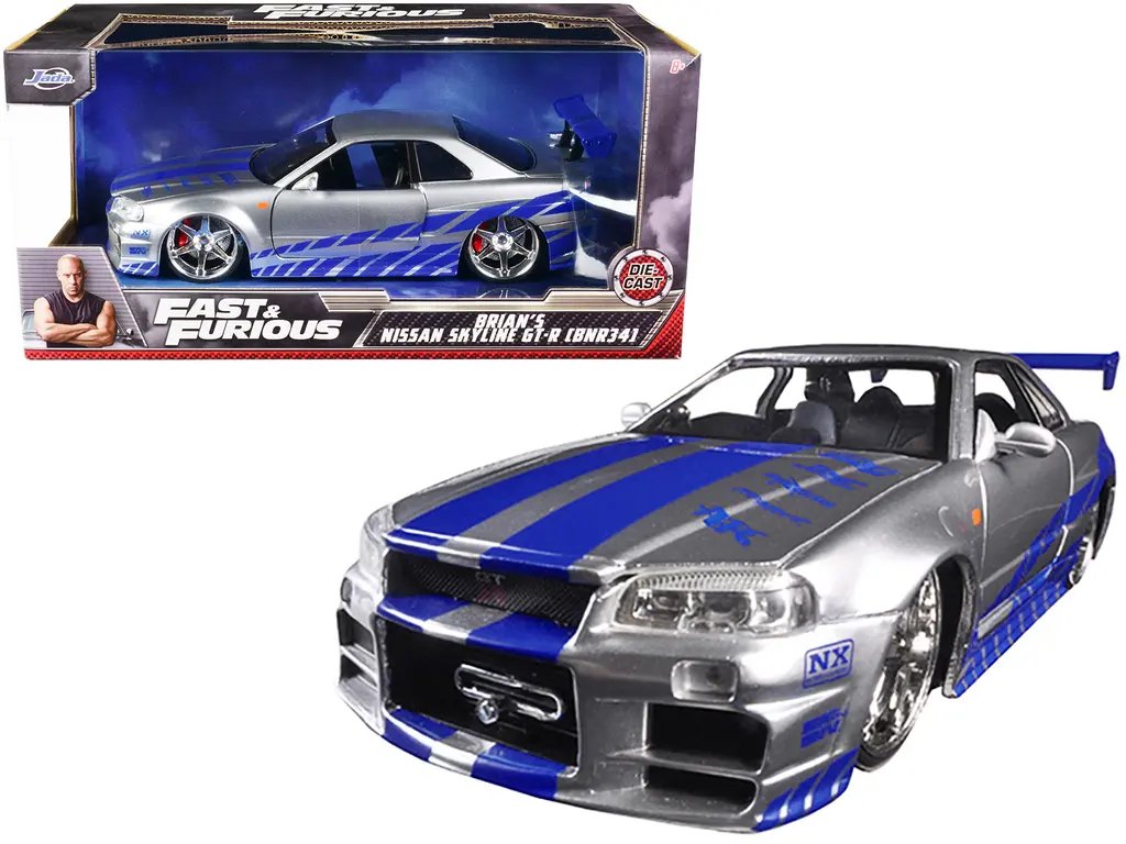 Diecast Model Cars wholesale toys dropshipper drop shipping Brian's Nissan GTR Skyline R34 Silver/Blue "Fast & Furious" Movie 1/24 Jada 97158 drop shipping wholesale drop ship drop shipper dropship dropshipping toys dropshipper diecast drop shipper d Buy Brian's Iconic Nissan GTR Skyline R34 RHD - Silver with Blue Stripes