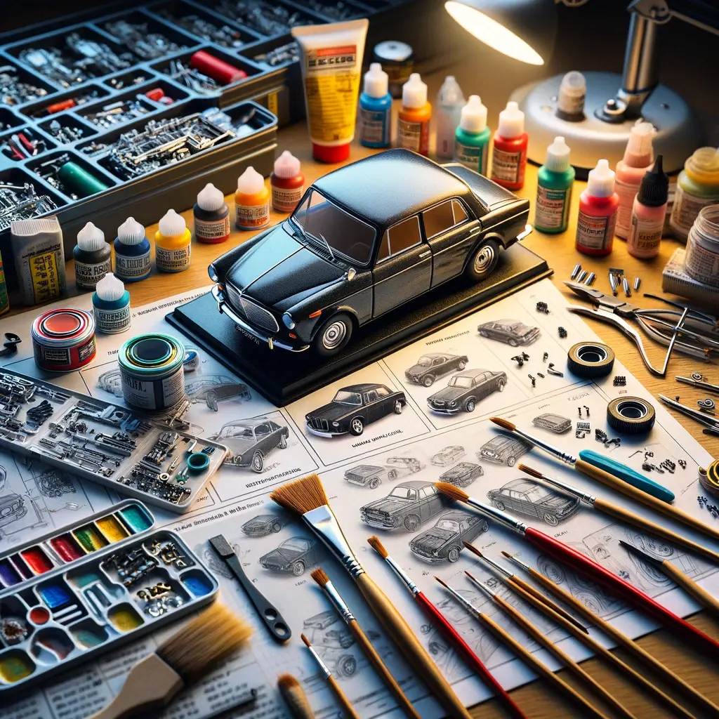 A detailed image of a worktable with tools and parts for customizing a die-cast car model
