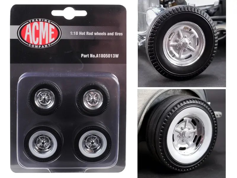 1932 Ford 5 Window Hot Rod Chrome Salt Flat Wheel & Tire Set 1/18 by Acme – Set of 4