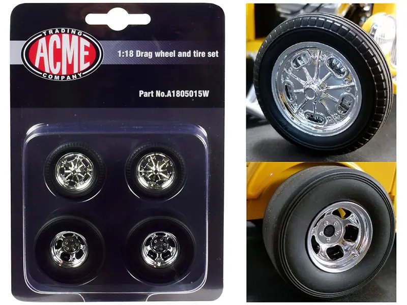 1932 Ford 3 Window 1/18 Chrome Drag Wheel & Tire Set by Acme – Set of 4