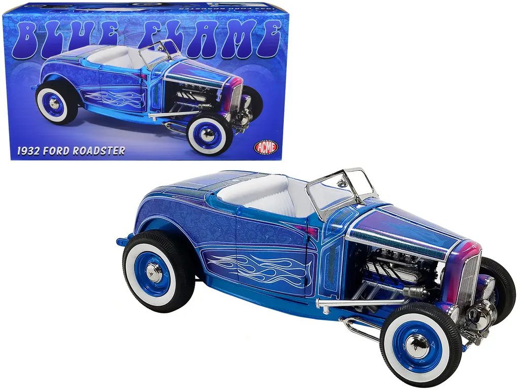 Limited Edition 1932 Ford Roadster Hot Rod 1/18 Diecast Model - Blue Metallic with Flames by ACME 3 Limited Edition 1932 Ford Roadster Hot Rod 1/18 Diecast Model - Blue Metallic with Flames by ACME - Image 3