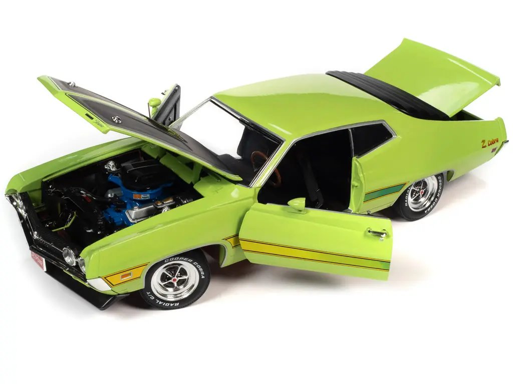 1971 Ford Torino Cobra Grabber Lime Green with Matt Black Hood and Stripes “Class of 1971” Series 1/18 Diecast Model Car by Auto World