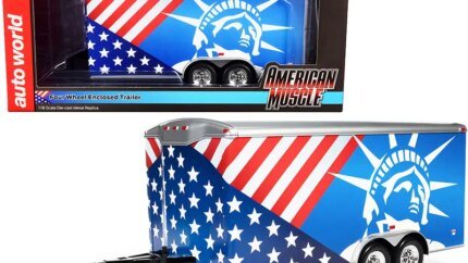 Four Wheel Enclosed Car Trailer Patriotic with Graphics for 1/18 Scale Model Cars by Auto World