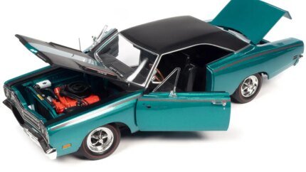1969 Plymouth Road Runner: Seafoam Turquoise Muscle Car with Black Top & Red Stripes