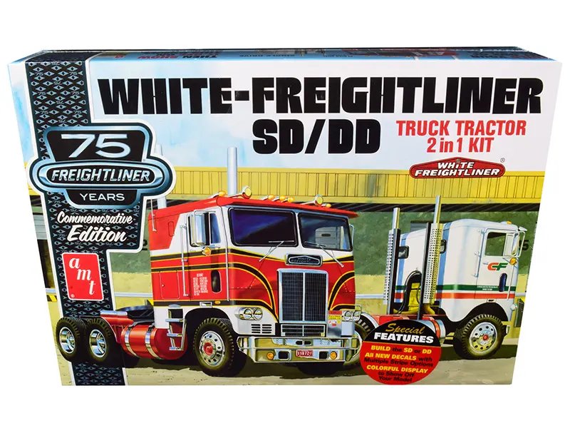 Skill 3 Model Kit White Freightliner SD/DD Truck Tractor 2-in-1 Kit with Display Base “75th Freightliner Anniversary” Commemorative Edition 1/25 Scale Model by AMT